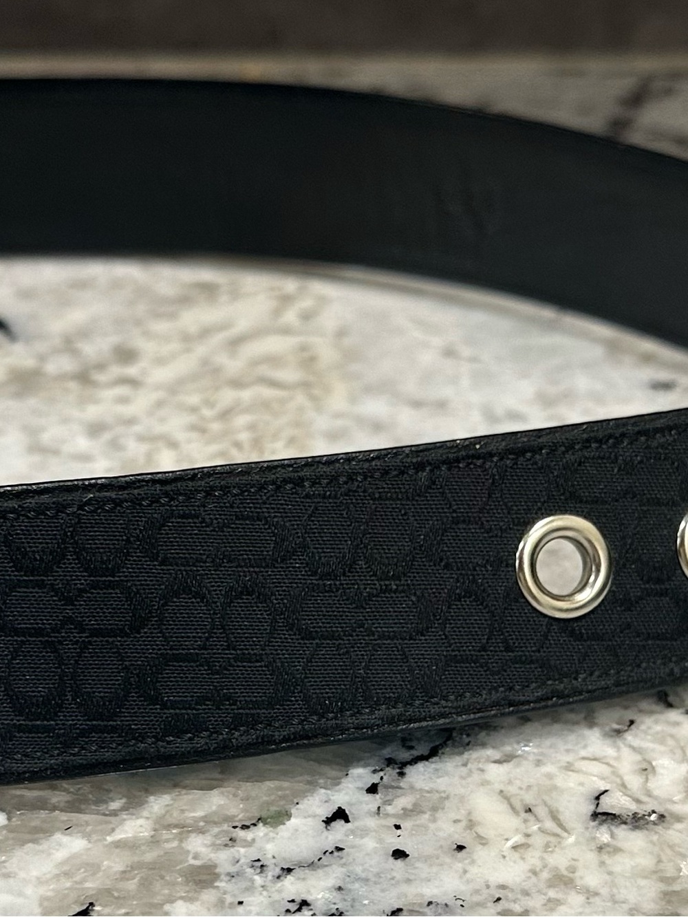 Coach Black Logo-Pattern Belt with Silver Eyelets